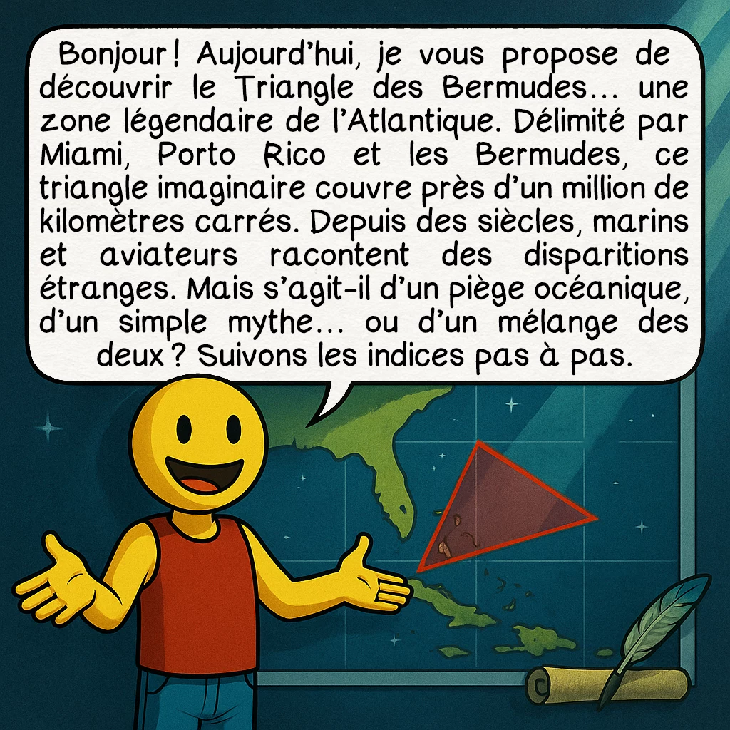 Le Triangle des Bermudes, case 1 : Bonjour ! Aujourd’hui, je vous propose de découvrir le Triangle des Bermudes… une zone légendaire de l’Atlantique. Délimité par Miami, Porto Rico et les Bermudes, ce triangle imaginaire couvre près d’un million de kilomètres carrés. Depuis des siècles, marins et aviateurs racontent des disparitions étranges. Mais s’agit-il d’un piège océanique, d’un simple mythe… ou d’un mélange des deux ? Suivons les indices pas à pas.