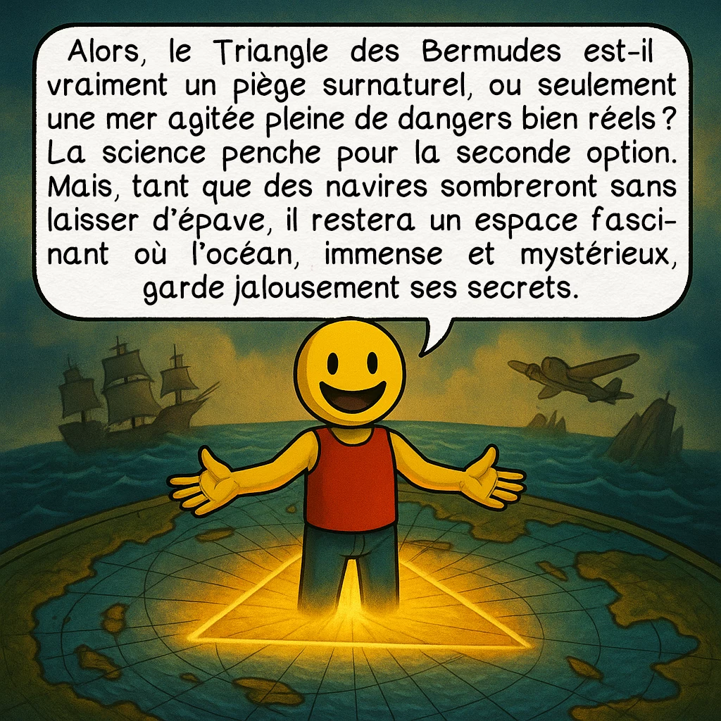 Le Triangle des Bermudes, case 10 : Alors, le Triangle des Bermudes est-il vraiment un piège surnaturel, ou seulement une mer agitée pleine de dangers bien réels ? La science penche pour la seconde option. Mais, tant que des navires sombreront sans laisser d’épave, il restera un espace fascinant où l’océan, immense et mystérieux, garde jalousement ses secrets.