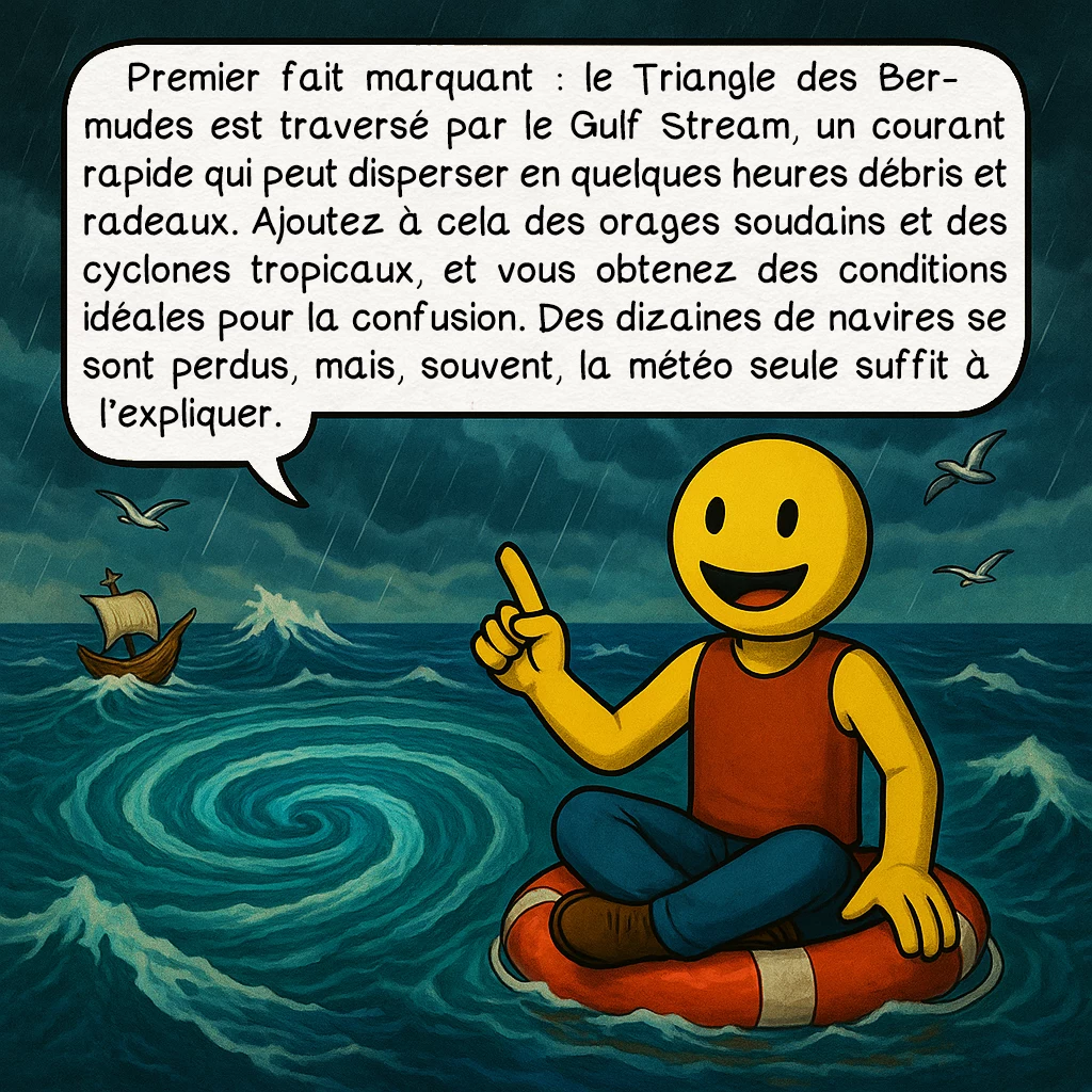 Le Triangle des Bermudes, case 2 : Premier fait marquant : le Triangle des Bermudes est traversé par le Gulf Stream, un courant rapide qui peut disperser en quelques heures débris et radeaux. Ajoutez à cela des orages soudains et des cyclones tropicaux, et vous obtenez des conditions idéales pour la confusion. Des dizaines de navires se sont perdus, mais, souvent, la météo seule suffit à l’expliquer.