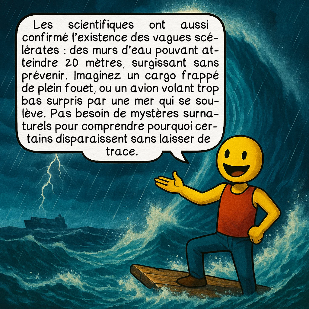 Le Triangle des Bermudes, case 4 : Les scientifiques ont aussi confirmé l’existence des vagues scélérates : des murs d’eau pouvant atteindre 20 mètres, surgissant sans prévenir. Imaginez un cargo frappé de plein fouet, ou un avion volant trop bas surpris par une mer qui se soulève. Pas besoin de mystères surnaturels pour comprendre pourquoi certains disparaissent sans laisser de trace.