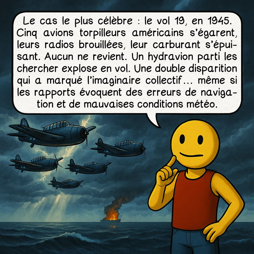 Le Triangle des Bermudes, case 5 : Le cas le plus célèbre : le vol 19, en 1945. Cinq avions torpilleurs américains s’égarent, leurs radios brouillées, leur carburant s’épuisant. Aucun ne revient. Un hydravion parti les chercher explose en vol. Une double disparition qui a marqué l’imaginaire collectif… même si les rapports évoquent des erreurs de navigation et de mauvaises conditions météo.