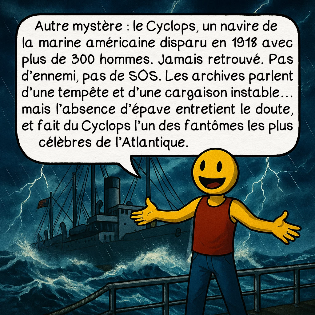 Le Triangle des Bermudes, case 6 : Autre mystère : le Cyclops, un navire de la marine américaine disparu en 1918 avec plus de 300 hommes. Jamais retrouvé. Pas d’ennemi, pas de SOS. Les archives parlent d’une tempête et d’une cargaison instable… mais l’absence d’épave entretient le doute, et fait du Cyclops l’un des fantômes les plus célèbres de l’Atlantique.