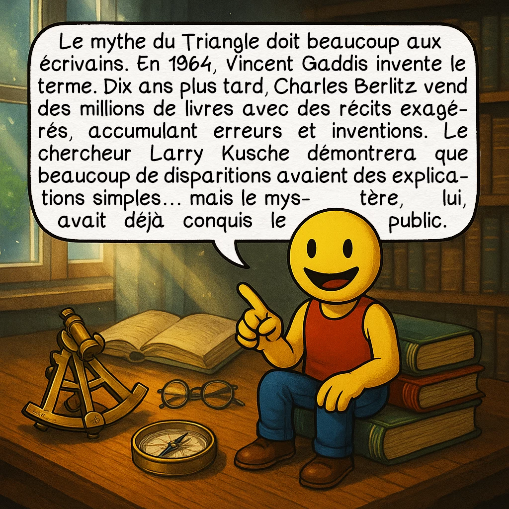 Le Triangle des Bermudes, case 7 : Le mythe du Triangle doit beaucoup aux écrivains. En 1964, Vincent Gaddis invente le terme. Dix ans plus tard, Charles Berlitz vend des millions de livres avec des récits exagérés, accumulant erreurs et inventions. Le chercheur Larry Kusche démontrera que beaucoup de disparitions avaient des explications simples… mais le mystère, lui, avait déjà conquis le public.