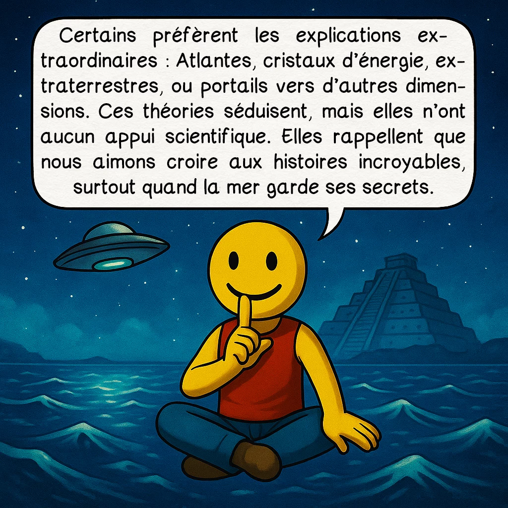 Le Triangle des Bermudes, case 8 : Certains préfèrent les explications extraordinaires : Atlantes, cristaux d’énergie, extraterrestres, ou portails vers d’autres dimensions. Ces théories séduisent, mais elles n’ont aucun appui scientifique. Elles rappellent que nous aimons croire aux histoires incroyables, surtout quand la mer garde ses secrets.