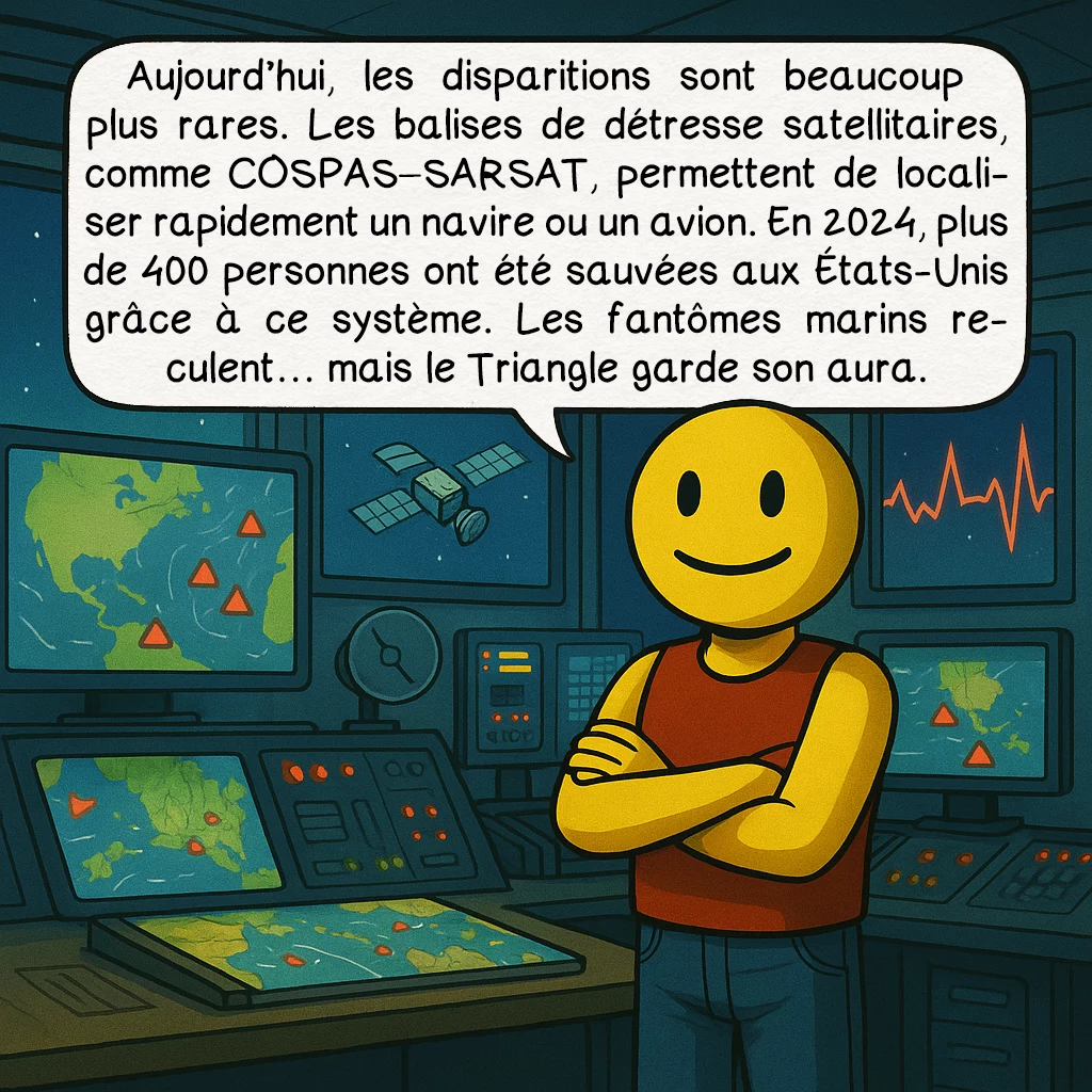 Le Triangle des Bermudes, case 9 : Aujourd’hui, les disparitions sont beaucoup plus rares. Les balises de détresse satellitaires, comme COSPAS–SARSAT, permettent de localiser rapidement un navire ou un avion. En 2024, plus de 400 personnes ont été sauvées aux États-Unis grâce à ce système. Les fantômes marins reculent… mais le Triangle garde son aura.