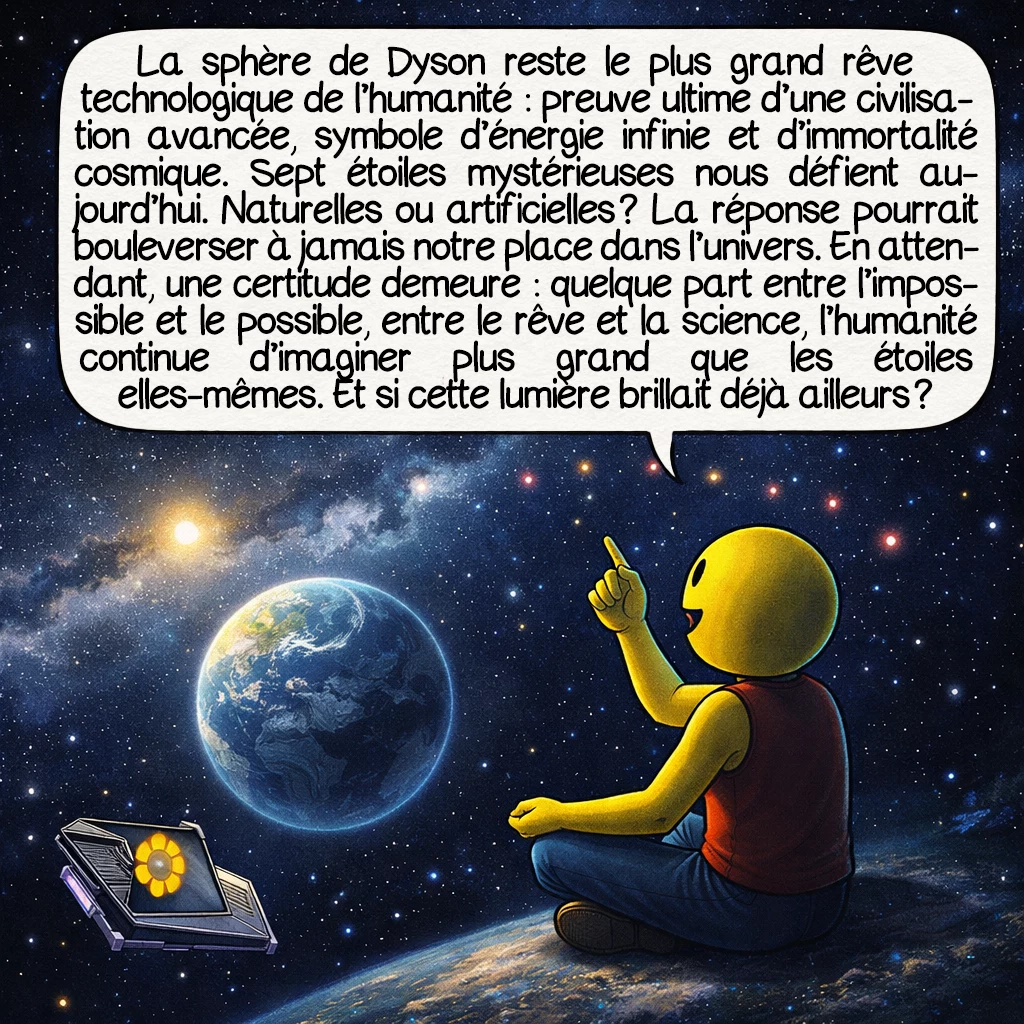 La sphère de Dyson, case 10 : La sphère de Dyson reste le plus grand rêve technologique de l’humanité : preuve ultime d’une civilisation avancée, symbole d’énergie infinie et d’immortalité cosmique. Sept étoiles mystérieuses nous défient aujourd’hui. Naturelles ou artificielles ? La réponse pourrait bouleverser à jamais notre place dans l’univers. En attendant, une certitude demeure : quelque part entre l’impossible et le possible, entre le rêve et la science, l’humanité continue d’imaginer plus grand que les étoiles elles-mêmes. Et si cette lumière brillait déjà ailleurs ?