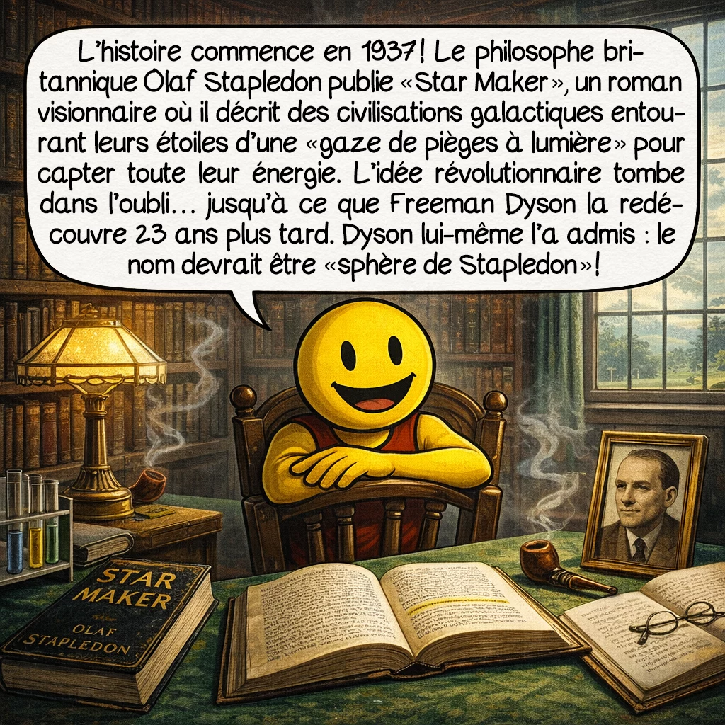 La sphère de Dyson, case 2 : L’histoire vraie commence en 1937 ! Le philosophe britannique Olaf Stapledon publie « Star Maker », un roman visionnaire où il décrit des civilisations galactiques entourant leurs étoiles d’une « gaze de pièges à lumière » pour capter toute leur énergie. L’idée révolutionnaire tombe dans l’oubli… jusqu’à ce que Freeman Dyson la redécouvre 23 ans plus tard. Dyson lui-même l’a admis : le nom devrait être « sphère de Stapledon » !
