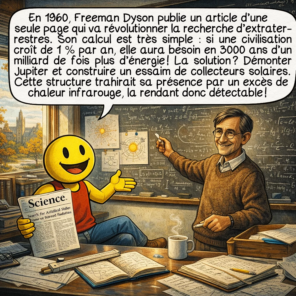 La sphère de Dyson, case 3 : En 1960, Freeman Dyson publie un article d’une seule page qui va révolutionner la recherche d’extraterrestres. Son calcul est très simple : si une civilisation croît de 1 % par an, elle aura besoin en 3000 ans d’un milliard de fois plus d’énergie ! La solution ? Démonter Jupiter et construire un essaim de collecteurs solaires. Cette structure trahirait sa présence par un excès de chaleur infrarouge, la rendant donc détectable !
