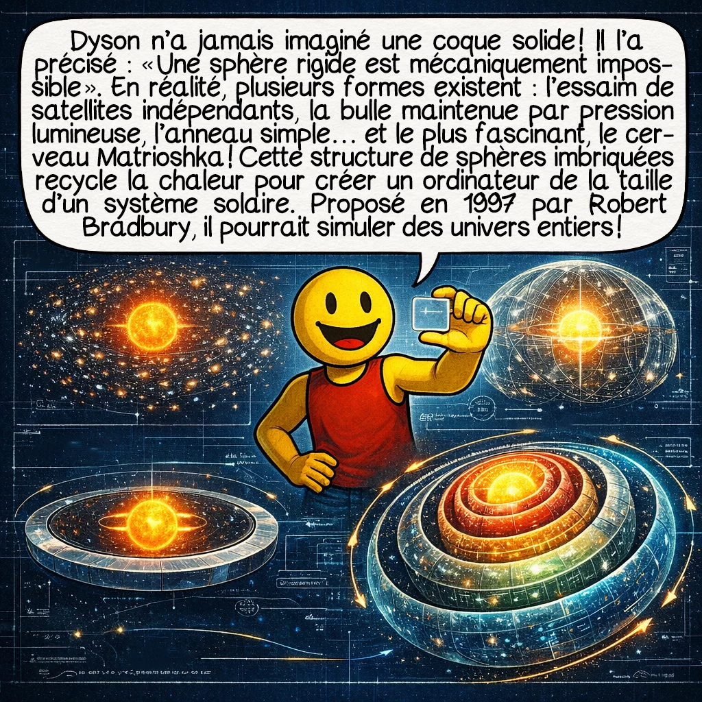 La sphère de Dyson, case 4 : Dyson n’a jamais imaginé une coque solide ! Il l’a précisé : « Une sphère rigide est mécaniquement impossible ». En réalité, plusieurs formes existent : l’essaim de satellites indépendants, la bulle maintenue par pression lumineuse, l’anneau simple… et le plus fascinant, le cerveau Matrioshka ! Cette structure de sphères imbriquées recycle la chaleur pour créer un ordinateur de la taille d’un système solaire. Proposé en 1997 par Robert Bradbury, il pourrait simuler des univers entiers !