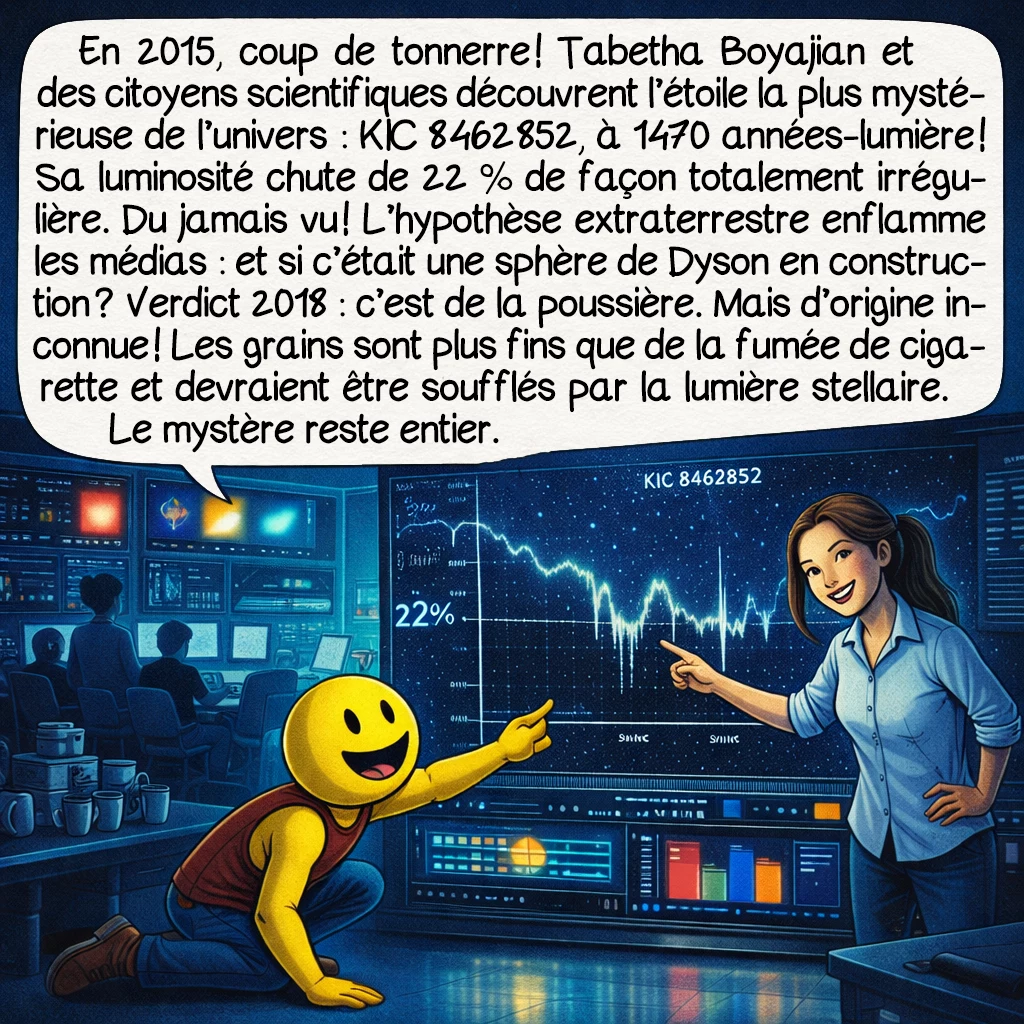 La sphère de Dyson, case 5 : En 2015, coup de tonnerre ! Tabetha Boyajian et des citoyens scientifiques découvrent l’étoile la plus mystérieuse de l’univers : KIC 8 462 852, à 1470 années-lumière ! Sa luminosité chute de 22 % de façon totalement irrégulière. Du jamais vu ! L’hypothèse extraterrestre enflamme les médias : et si c’était une sphère de Dyson en construction ? Verdict 2018 : c’est de la poussière. Mais d’origine inconnue ! Les grains sont plus fins que de la fumée de cigarette et devraient être soufflés par la lumière stellaire. Le mystère reste entier.