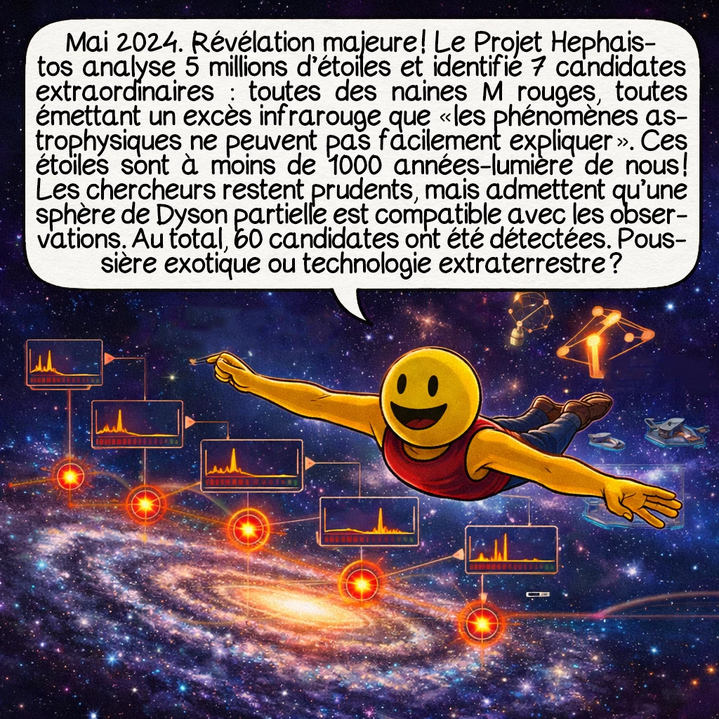 La sphère de Dyson, case 6 : Mai 2024. Révélation majeure ! Le Projet Hephaistos analyse 5 millions d’étoiles et identifie 7 candidates extraordinaires : toutes des naines M rouges, toutes émettant un excès infrarouge que « les phénomènes astrophysiques ne peuvent pas facilement expliquer ». Ces étoiles sont à moins de 1000 années-lumière de nous ! Les chercheurs restent prudents, mais admettent qu’une sphère de Dyson partielle est compatible avec les observations. Au total, 60 candidates ont été détectées. Poussière exotique ou technologie extraterrestre ?