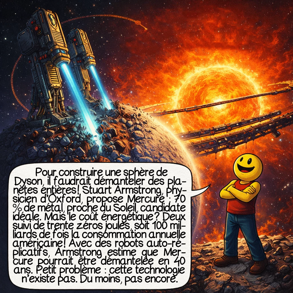 La sphère de Dyson, case 7 : Pour construire une sphère de Dyson, il faudrait démanteler des planètes entières ! Stuart Armstrong, physicien d’Oxford, propose Mercure : 70 % de métal, proche du Soleil, candidate idéale. Mais le coût énergétique ? Deux suivi de trente zéros joules, soit 100 milliards de fois la consommation annuelle américaine ! Avec des robots auto-réplicatifs, Armstrong estime que Mercure pourrait être démantelée en 40 ans. Petit problème : cette technologie n’existe pas. Du moins, pas encore.