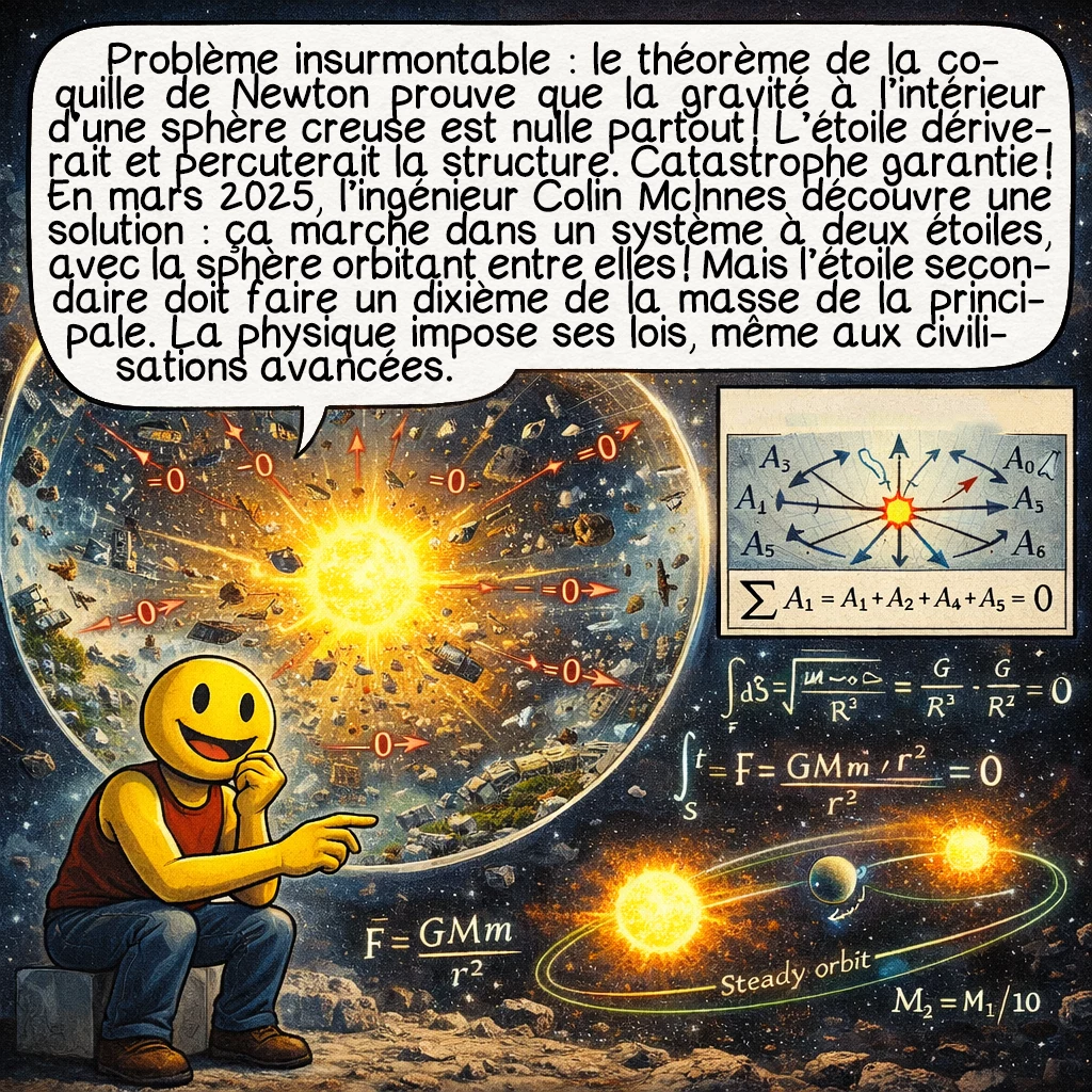 La sphère de Dyson, case 8 : Problème insurmontable : le théorème de la coquille de Newton prouve que la gravité à l’intérieur d’une sphère creuse est nulle partout ! L’étoile dériverait et percuterait la structure. Catastrophe garantie ! En mars 2025, l’ingénieur Colin McInnes découvre une solution : ça marche dans un système à deux étoiles, avec la sphère orbitant entre elles ! Mais l’étoile secondaire doit faire un dixième de la masse de la principale. La physique impose ses lois, même aux civilisations avancées.