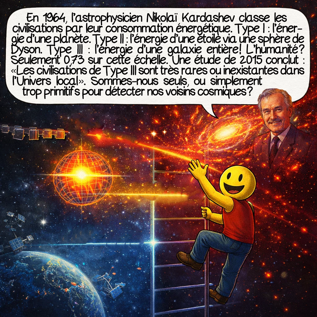 La sphère de Dyson, case 9 : En 1964, l’astrophysicien Nikolaï Kardashev classe les civilisations par leur consommation énergétique. Type I : l’énergie d’une planète. Type II : l’énergie d’une étoile via une sphère de Dyson. Type III : l’énergie d’une galaxie entière ! L’humanité ? Seulement 0,73 sur cette échelle. Une étude de 2015 conclut : « Les civilisations de Type III sont très rares ou inexistantes dans l’Univers local ». Sommes-nous seuls, ou simplement trop primitifs pour détecter nos voisins cosmiques ?