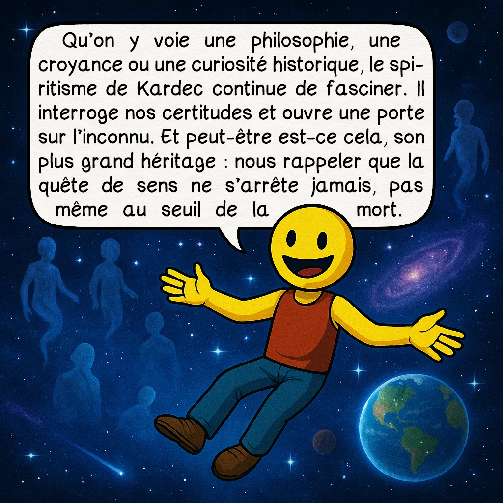 Alan Kardek, case 10 : Qu’on y voie une philosophie, une croyance ou une curiosité historique, le spiritisme de Kardec continue de fasciner. Il interroge nos certitudes et ouvre une porte sur l’inconnu. Et peut-être est-ce cela, son plus grand héritage : nous rappeler que la quête de sens ne s’arrête jamais, pas même au seuil de la mort.