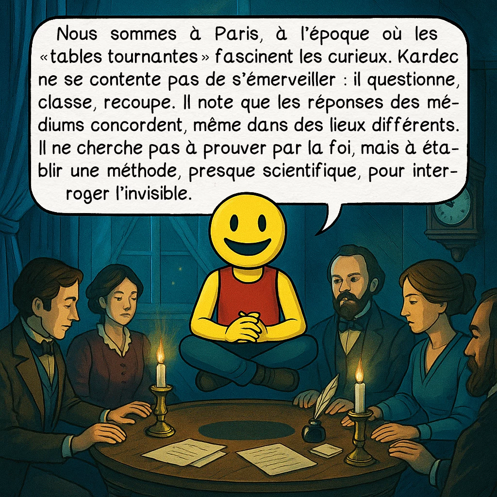 Alan Kardek, case 2 : Nous sommes à Paris, à l’époque où les « tables tournantes » fascinent les curieux. Kardec ne se contente pas de s’émerveiller : il questionne, classe, recoupe. Il note que les réponses des médiums concordent, même dans des lieux différents. Il ne cherche pas à prouver par la foi, mais à établir une méthode, presque scientifique, pour interroger l’invisible.
