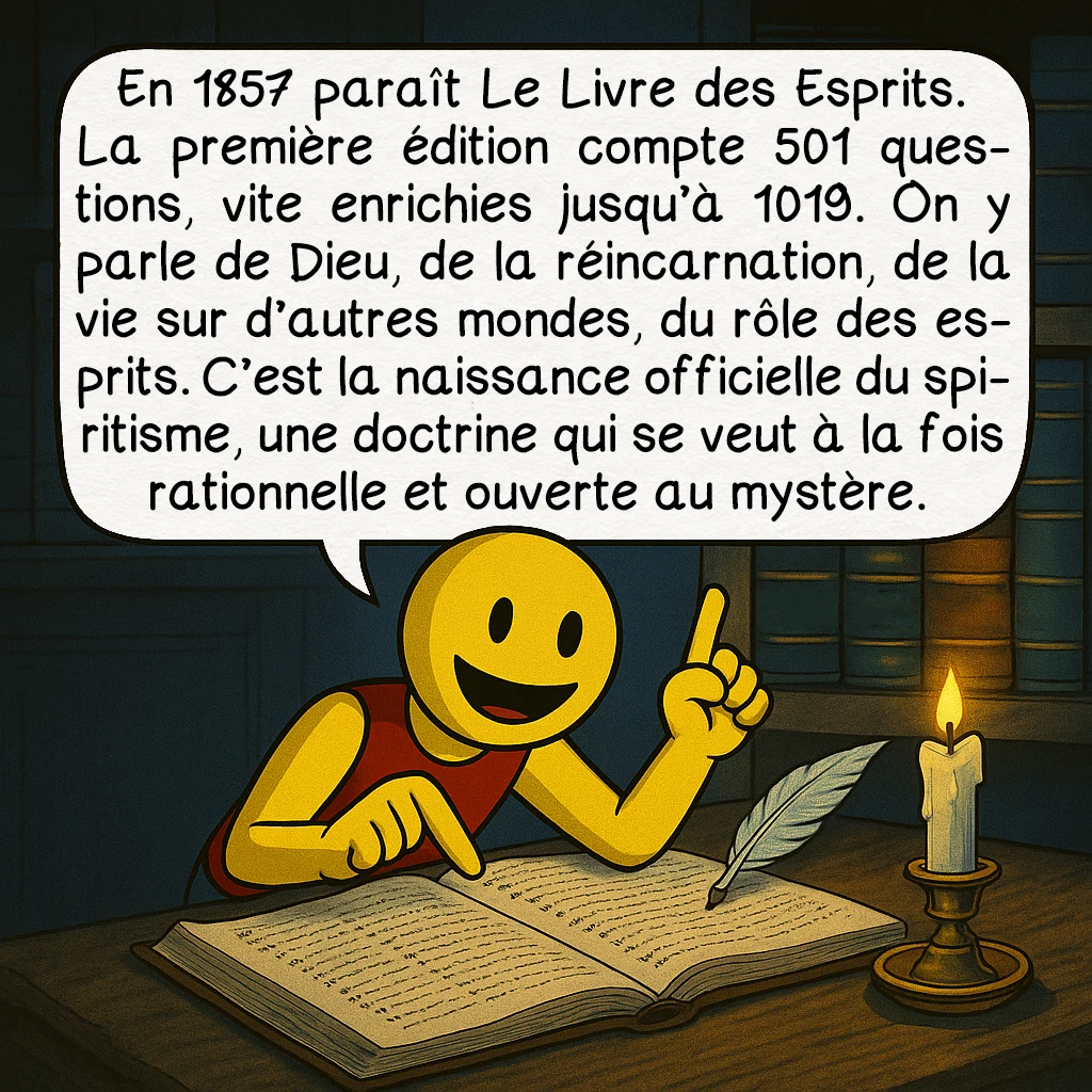 Alan Kardek, case 3 : En 1857 paraît Le Livre des Esprits. La première édition compte 501 questions, vite enrichies jusqu’à 1019. On y parle de Dieu, de la réincarnation, de la vie sur d’autres mondes, du rôle des esprits. C’est la naissance officielle du spiritisme, une doctrine qui se veut à la fois rationnelle et ouverte au mystère.
