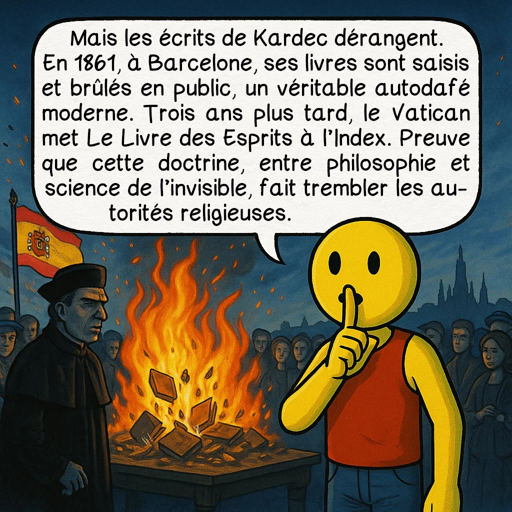 Alan Kardek, case 4 : Mais les écrits de Kardec dérangent. En 1861, à Barcelone, ses livres sont saisis et brûlés en public, un véritable autodafé moderne. Trois ans plus tard, le Vatican met Le Livre des Esprits à l’Index. Preuve que cette doctrine, entre philosophie et science de l’invisible, fait trembler les autorités religieuses.