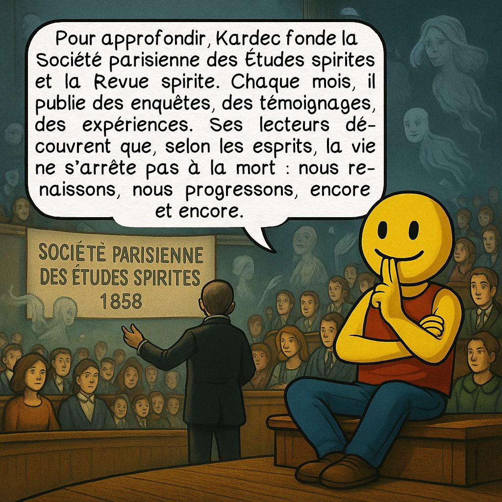Alan Kardek, case 5 : Pour approfondir, Kardec fonde la Société parisienne des Études spirites et la Revue spirite. Chaque mois, il publie des enquêtes, des témoignages, des expériences. Ses lecteurs découvrent que, selon les esprits, la vie ne s’arrête pas à la mort : nous renaissons, nous progressons, encore et encore.