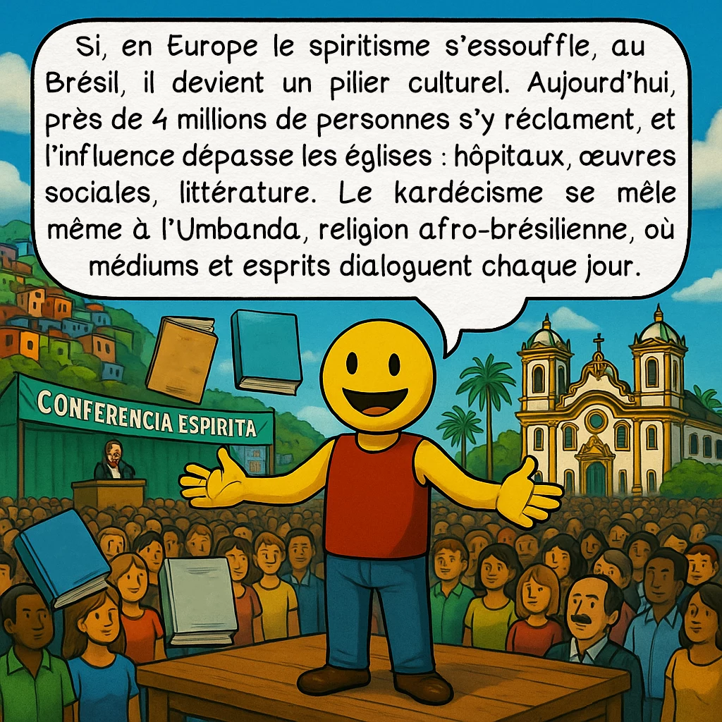 Alan Kardek, case 6 : Si, en Europe le spiritisme s’essouffle, au Brésil, il devient un pilier culturel. Aujourd’hui, près de 4 millions de personnes s’y réclament, et l’influence dépasse les églises : hôpitaux, œuvres sociales, littérature. Le kardécisme se mêle même à l’Umbanda, religion afro-brésilienne, où médiums et esprits dialoguent chaque jour.