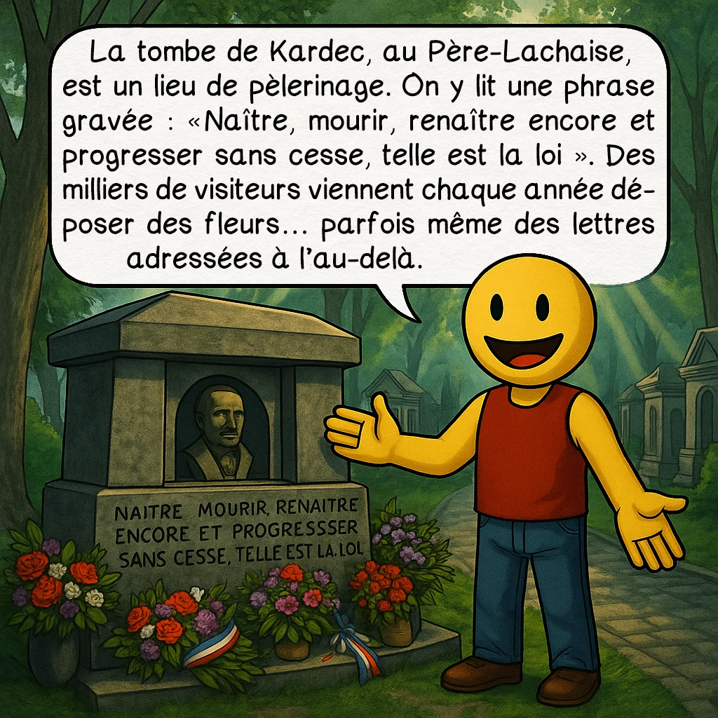 Alan Kardek, case 7 : La tombe de Kardec, au Père-Lachaise, est un lieu de pèlerinage. On y lit une phrase gravée : « Naître, mourir, renaître encore et progresser sans cesse, telle est la loi. » Des milliers de visiteurs viennent chaque année déposer des fleurs… parfois même des lettres adressées à l’au-delà.