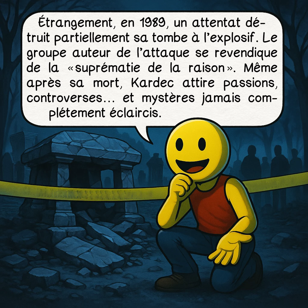 Alan Kardek, case 8 : Étrangement, en 1989, un attentat détruit partiellement sa tombe à l’explosif. Le groupe auteur de l’attaque se revendique de la « suprématie de la raison ». Même après sa mort, Kardec attire passions, controverses… et mystères jamais complétement éclaircis.