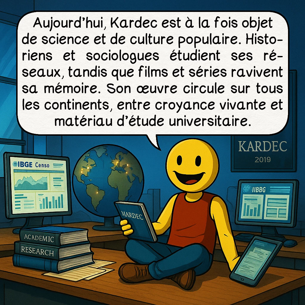 Alan Kardek, case 9 : Aujourd’hui, Kardec est à la fois objet de science et de culture populaire. Historiens et sociologues étudient ses réseaux, tandis que films et séries ravivent sa mémoire. Son œuvre circule sur tous les continents, entre croyance vivante et matériau d’étude universitaire.
