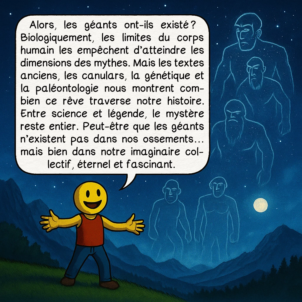 Les géants, case 10 : Alors, les géants ont-ils existé ? Biologiquement, les limites du corps humain les empêchent d’atteindre les dimensions des mythes. Mais les textes anciens, les canulars, la génétique et la paléontologie nous montrent combien ce rêve traverse notre histoire. Entre science et légende, le mystère reste entier. Peut-être que les géants n’existent pas dans nos ossements… mais bien dans notre imaginaire collectif, éternel et fascinant.