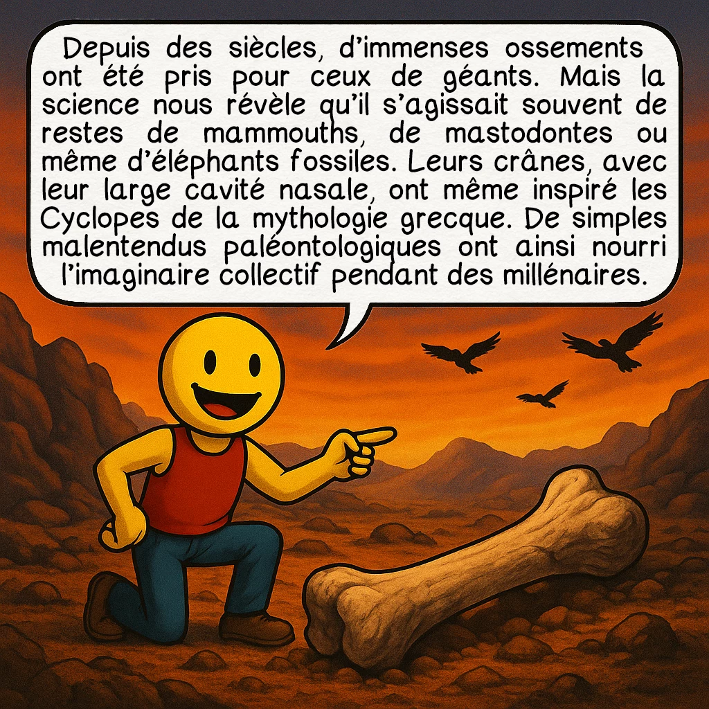Les géants, case 2 : Depuis des siècles, d’immenses ossements ont été pris pour ceux de géants. Mais la science nous révèle qu’il s’agissait souvent de restes de mammouths, de mastodontes ou même d’éléphants fossiles. Leurs crânes, avec leur large cavité nasale, ont même inspiré les Cyclopes de la mythologie grecque. De simples malentendus paléontologiques ont ainsi nourri l’imaginaire collectif pendant des millénaires.