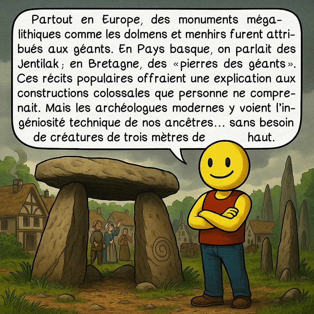 Les géants, case 3 : Partout en Europe, des monuments mégalithiques comme les dolmens et menhirs furent attribués aux géants. En Pays basque, on parlait des Jentilak ; en Bretagne, des « pierres des géants ». Ces récits populaires offraient une explication aux constructions colossales que personne ne comprenait. Mais les archéologues modernes y voient l’ingéniosité technique de nos ancêtres… sans besoin de créatures de trois mètres de haut.