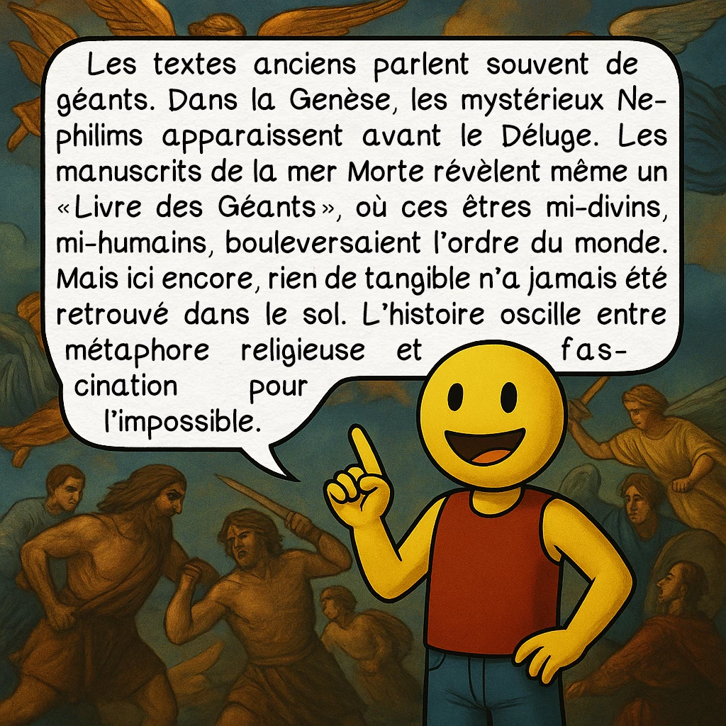 Les géants, case 4 : Les textes anciens parlent souvent de géants. Dans la Genèse, les mystérieux Nephilims apparaissent avant le Déluge. Les manuscrits de la mer Morte révèlent même un « Livre des Géants », où ces êtres mi-divins, mi-humains, bouleversaient l’ordre du monde. Mais ici encore, rien de tangible n’a jamais été retrouvé dans le sol. L’histoire oscille entre métaphore religieuse et fascination pour l’impossible.