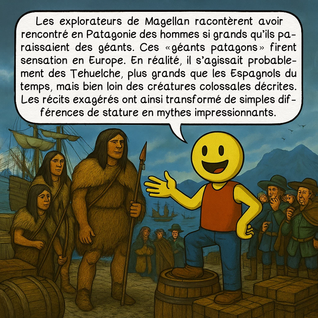 Les géants, case 5 : Les explorateurs de Magellan racontèrent avoir rencontré en Patagonie des hommes si grands qu’ils paraissaient des géants. Ces « géants patagons » firent sensation en Europe. En réalité, il s’agissait probablement des Tehuelche, plus grands que les Espagnols du temps, mais bien loin des créatures colossales décrites. Les récits exagérés ont ainsi transformé de simples différences de stature en mythes impressionnants.