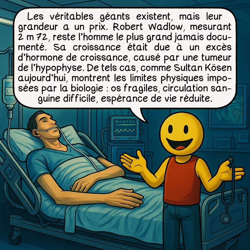 Les géants, case 7 : Les véritables géants existent, mais leur grandeur a un prix. Robert Wadlow, mesurant 2 m 72, reste l’homme le plus grand jamais documenté. Sa croissance était due à un excès d’hormone de croissance, causé par une tumeur de l’hypophyse. De tels cas, comme Sultan Kösen aujourd’hui, montrent les limites physiques imposées par la biologie : os fragiles, circulation sanguine difficile, espérance de vie réduite.