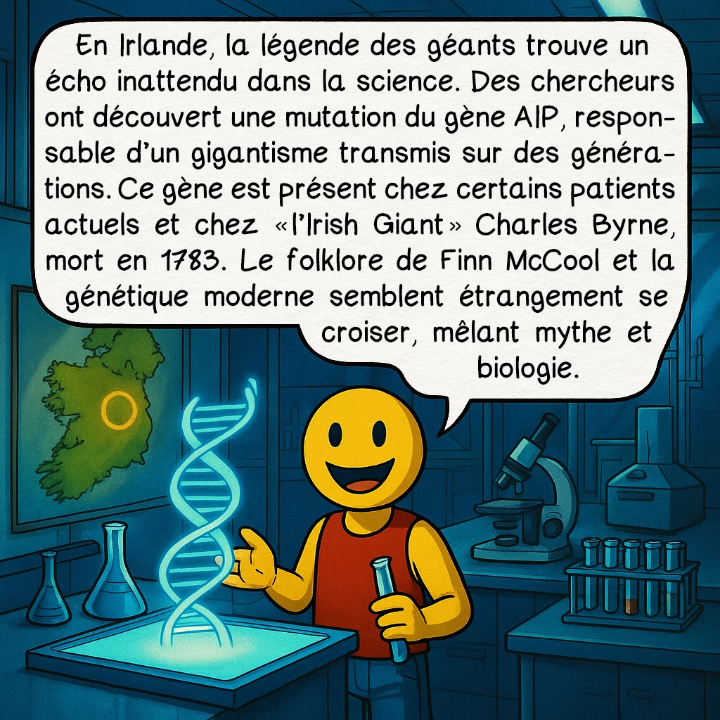 Les géants, case 8 : En Irlande, la légende des géants trouve un écho inattendu dans la science. Des chercheurs ont découvert une mutation du gène AIP, responsable d’un gigantisme transmis sur des générations. Ce gène est présent chez certains patients actuels et chez « l’Irish Giant » Charles Byrne, mort en 1783. Le folklore de Finn McCool et la génétique moderne semblent étrangement se croiser, mêlant mythe et biologie.