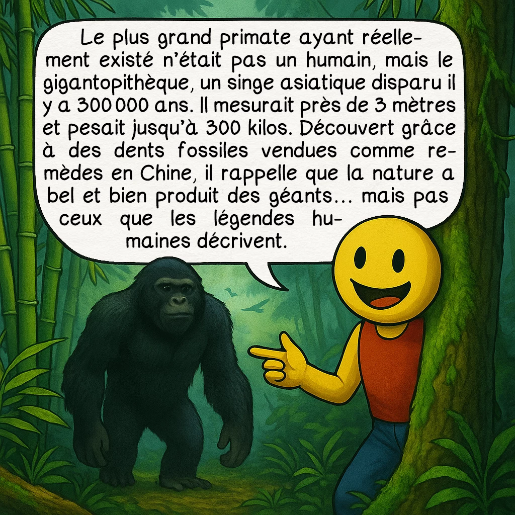 Les géants, case 9 : Le plus grand primate ayant réellement existé n’était pas un humain, mais le Gigantopithecus, un singe asiatique disparu il y a 300 000 ans. Il mesurait près de 3 mètres et pesait jusqu’à 300 kilos. Découvert grâce à des dents fossiles vendues comme remèdes en Chine, il rappelle que la nature a bel et bien produit des géants… mais pas ceux que les légendes humaines décrivent.