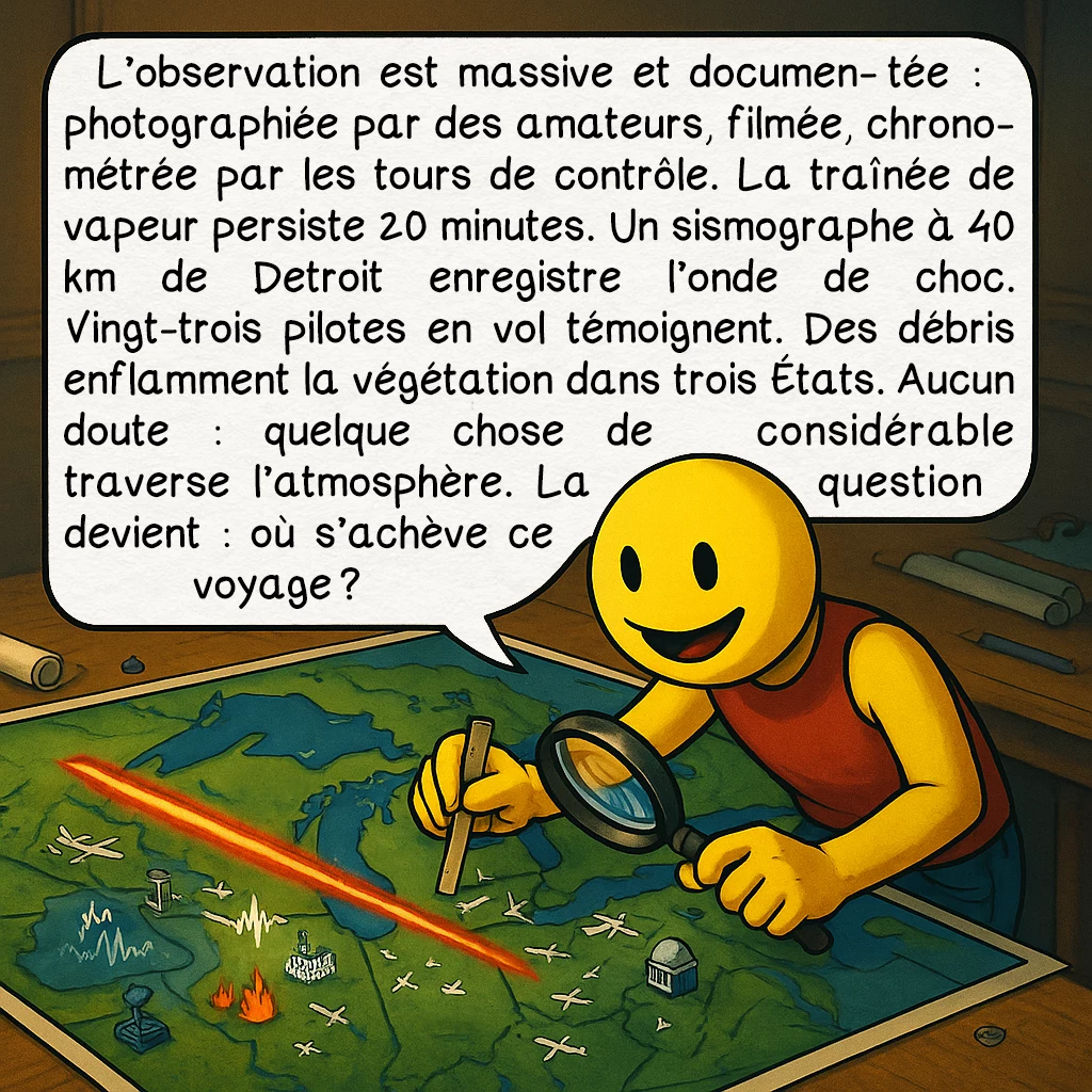 L’incident de Kecksburg, case 2 : L’observation est massive et documentée : photographiée par des amateurs, filmée, chronométrée par les tours de contrôle. La traînée de vapeur persiste 20 minutes. Un sismographe à 40 km de Detroit enregistre l’onde de choc. Vingt-trois pilotes en vol témoignent. Des débris enflamment la végétation dans trois États. Aucun doute : quelque chose de considérable traverse l’atmosphère. La question devient : où s’achève ce voyage ?
