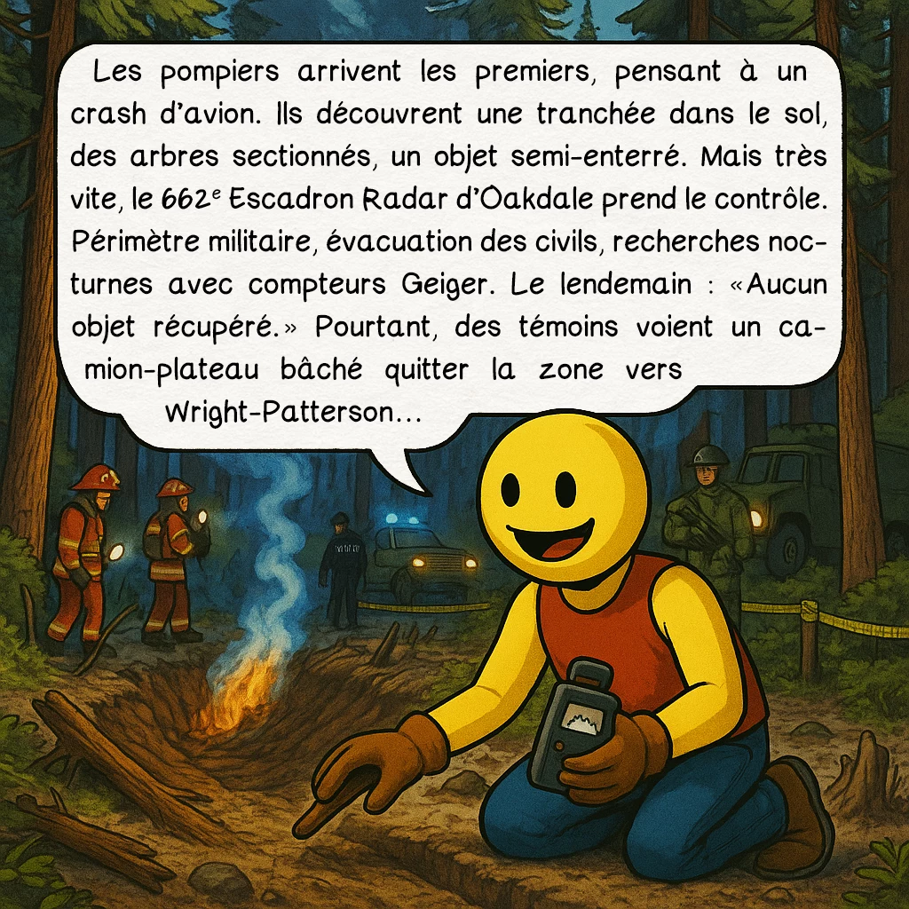 L’incident de Kecksburg, case 3 : Les pompiers arrivent les premiers, pensant à un crash d’avion. Ils découvrent une tranchée dans le sol, des arbres sectionnés, un objet semi-enterré. Mais très vite, le 662e Escadron Radar d’Oakdale prend le contrôle. Périmètre militaire, évacuation des civils, recherches nocturnes avec compteurs Geiger. Le lendemain : « Aucun objet récupéré. » Pourtant, des témoins voient un camion-plateau bâché quitter la zone vers Wright-Patterson…