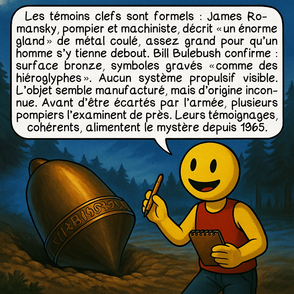 L’incident de Kecksburg, case 4 : Les témoins clefs sont formels : James Romansky, pompier et machiniste, décrit « un énorme gland » de métal coulé, assez grand pour qu’un homme s’y tienne debout. Bill Bulebush confirme : surface bronze, symboles gravés « comme des hiéroglyphes ». Aucun système propulsif visible. L’objet semble manufacturé, mais d’origine inconnue. Avant d’être écartés par l’armée, plusieurs pompiers l’examinent de près. Leurs témoignages, cohérents, alimentent le mystère depuis 1965.