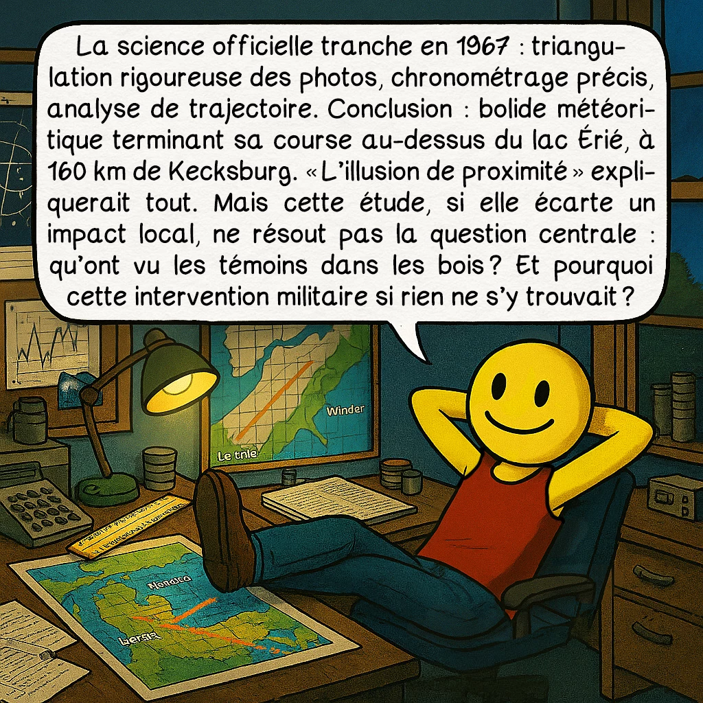 L’incident de Kecksburg, case 5 : La science officielle tranche en 1967 : triangulation rigoureuse des photos, chronométrage précis, analyse de trajectoire. Conclusion : bolide météoritique terminant sa course au-dessus du lac Érié, à 160 km de Kecksburg. « L’illusion de proximité » expliquerait tout. Mais cette étude, si elle écarte un impact local, ne résout pas la question centrale : qu’ont vu les témoins dans les bois ? Et pourquoi cette intervention militaire si rien ne s’y trouvait ?