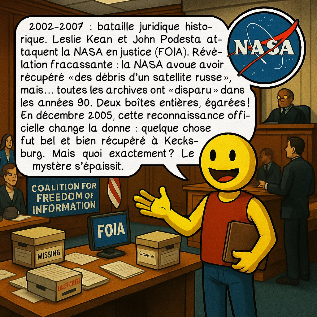L’incident de Kecksburg, case 6 : 2002-2007 : bataille juridique historique. Leslie Kean et John Podesta attaquent la NASA en justice (FOIA). Révélation fracassante : la NASA avoue avoir récupéré « des débris d’un satellite russe », mais… toutes les archives ont « disparu » dans les années 90. Deux boîtes entières, égarées ! En décembre 2005, cette reconnaissance officielle change la donne : quelque chose fut bel et bien récupéré à Kecksburg. Mais quoi exactement ? Le mystère s’épaissit.