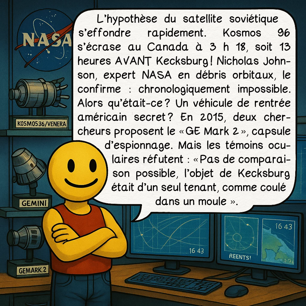 L’incident de Kecksburg, case 7 : L’hypothèse du satellite soviétique s’effondre rapidement. Kosmos 96 s’écrase au Canada à 3 h 18, soit 13 heures AVANT Kecksburg ! Nicholas Johnson, expert NASA en débris orbitaux, le confirme : chronologiquement impossible. Alors qu’était-ce ? Un véhicule de rentrée américain secret ? En 2015, deux chercheurs proposent le « GE Mark 2 », capsule d’espionnage. Mais les témoins oculaires réfutent : « Pas de comparaison possible, l’objet de Kecksburg était d’un seul tenant, comme coulé dans un moule.