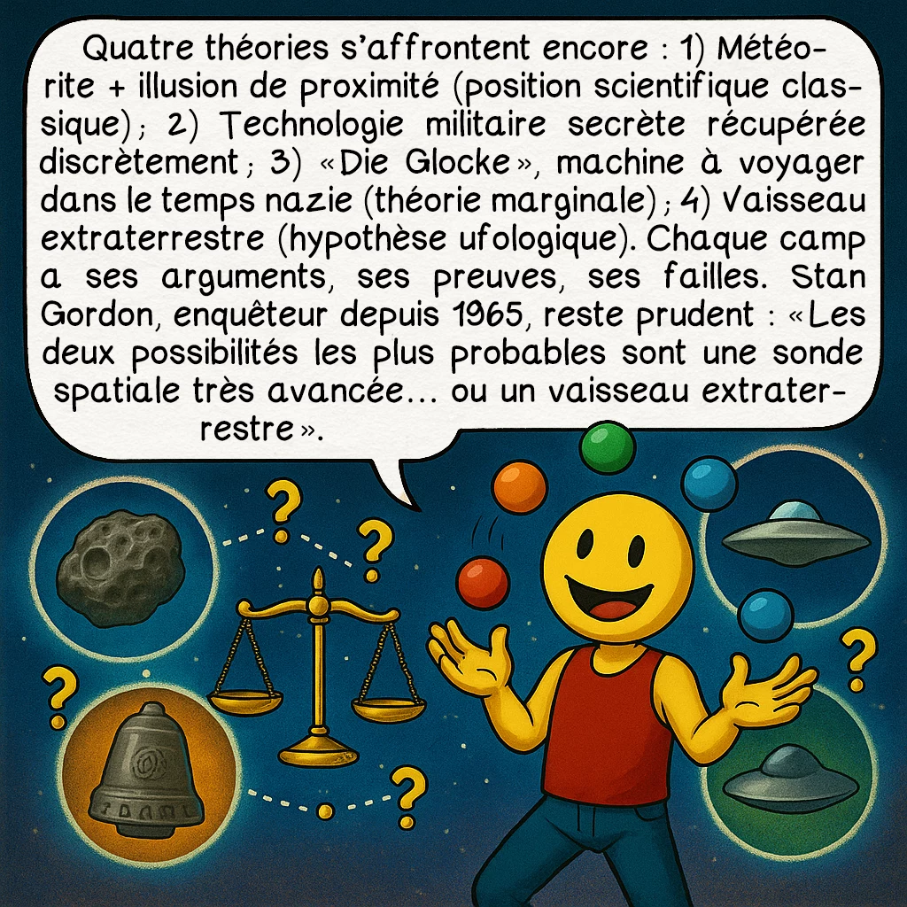 L’incident de Kecksburg, case 8 : Quatre théories s’affrontent encore : 1) Météorite + illusion de proximité (position scientifique classique) ; 2) Technologie militaire secrète récupérée discrètement ; 3) « Die Glocke », machine à voyager dans le temps nazie (théorie marginale) ; 4) Vaisseau extraterrestre (hypothèse ufologique). Chaque camp a ses arguments, ses preuves, ses failles. Stan Gordon, enquêteur depuis 1965, reste prudent : « Les deux possibilités les plus probables sont une sonde spatiale très avancée… ou un vaisseau extraterrestre ».