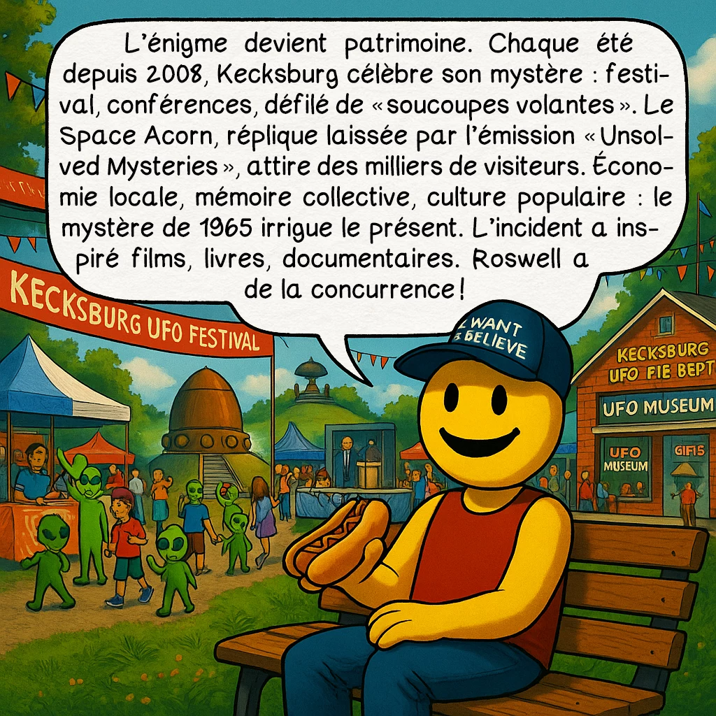 L’incident de Kecksburg, case 9 : L’énigme devient patrimoine. Chaque été depuis 2008, Kecksburg célèbre son mystère : festival, conférences, défilé de « soucoupes volantes ». Le Space Acorn, réplique laissée par l’émission « Unsolved Mysteries », attire des milliers de visiteurs. Économie locale, mémoire collective, culture populaire : le mystère de 1965 irrigue le présent. L’incident a inspiré films, livres, documentaires. Roswell a de la concurrence !