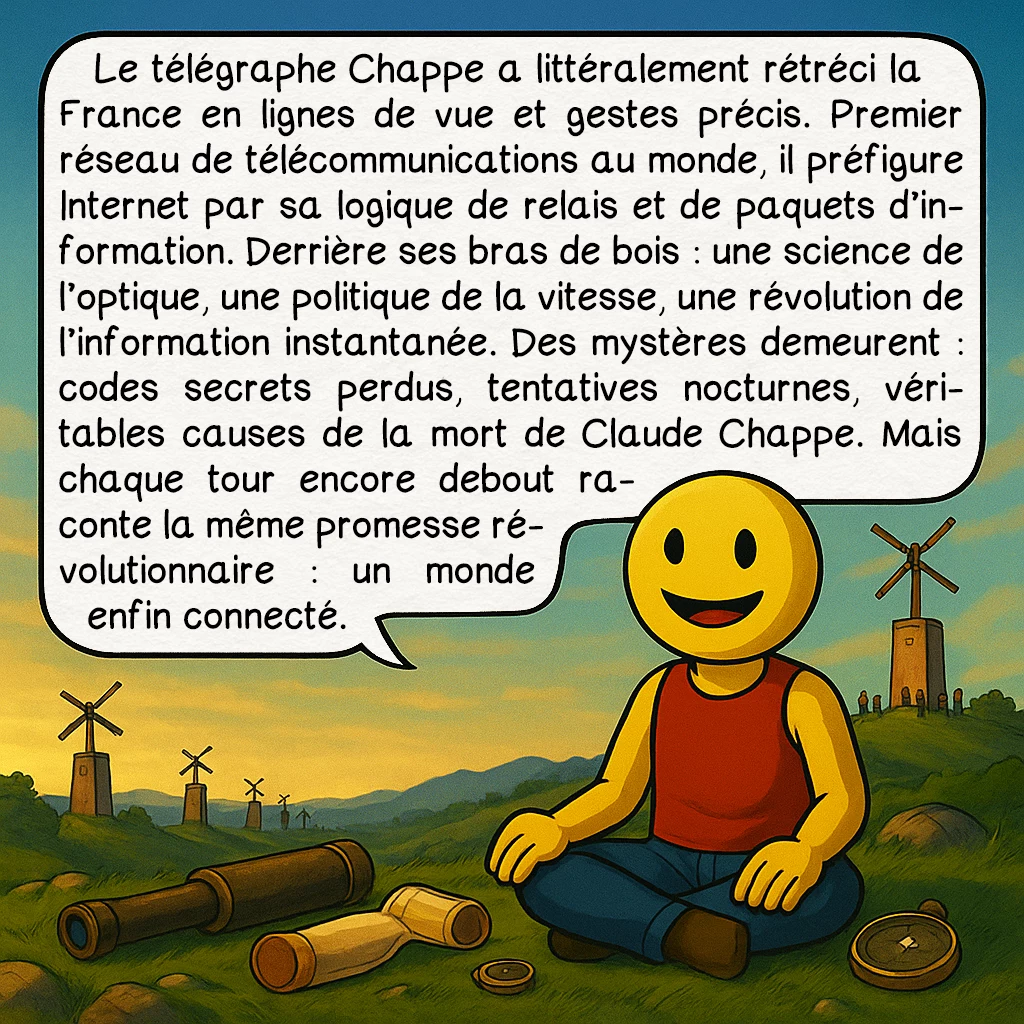 Le télégraphe Chappe, case 10 : Le télégraphe Chappe a littéralement rétréci la France en lignes de vue et gestes précis. Premier réseau de télécommunications au monde, il préfigure Internet par sa logique de relais et de paquets d’information. Derrière ses bras de bois : une science de l’optique, une politique de la vitesse, une révolution de l’information instantanée. Des mystères demeurent : codes secrets perdus, tentatives nocturnes, véritables causes de la mort de Claude Chappe. Mais chaque tour encore debout raconte la même promesse révolutionnaire : un monde enfin connecté.