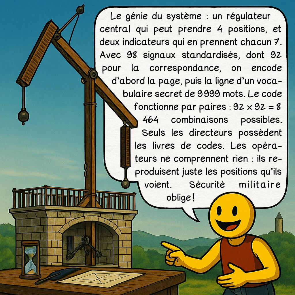 Le télégraphe Chappe, case 2 : Le génie du système : un régulateur central qui peut prendre 4 positions, et deux indicateurs qui en prennent chacun 7. Avec 98 signaux standardisés, dont 92 pour la correspondance, on encode d’abord la page, puis la ligne d’un vocabulaire secret de 9 999 mots. Le code fonctionne par paires : 92 × 92 = 8 464 combinaisons possibles. Seuls les directeurs possèdent les livres de codes. Les opérateurs ne comprennent rien : ils reproduisent juste les positions qu’ils voient. Sécurité militaire oblige !