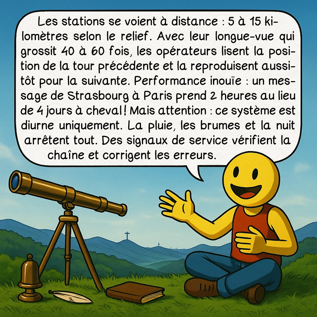 Le télégraphe Chappe, case 3 : Les stations se voient à distance : 5 à 15 kilomètres selon le relief. Avec leur longue-vue qui grossit 40 à 60 fois, les opérateurs lisent la position de la tour précédente et la reproduisent aussitôt pour la suivante. Performance inouïe : un message de Strasbourg à Paris prend 2 heures au lieu de 4 jours à cheval ! Mais attention : ce système est diurne uniquement. La pluie, les brumes et la nuit arrêtent tout. Des signaux de service vérifient la chaîne et corrigent les erreurs.