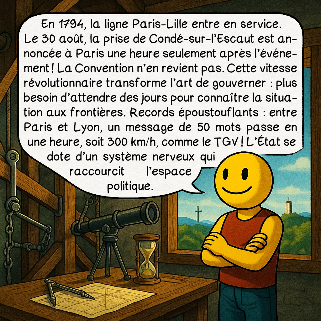 Le télégraphe Chappe, case 4 : En 1794, la ligne Paris-Lille entre en service. Le 30 août, la prise de Condé-sur-l’Escaut est annoncée à Paris une heure seulement après l’événement ! La Convention n’en revient pas. Cette vitesse révolutionnaire transforme l’art de gouverner : plus besoin d’attendre des jours pour connaître la situation aux frontières. Records époustouflants : entre Paris et Lyon, un message de 50 mots passe en une heure, soit 300 km/h, comme le TGV ! L’État se dote d’un système nerveux qui raccourcit l’espace politique.