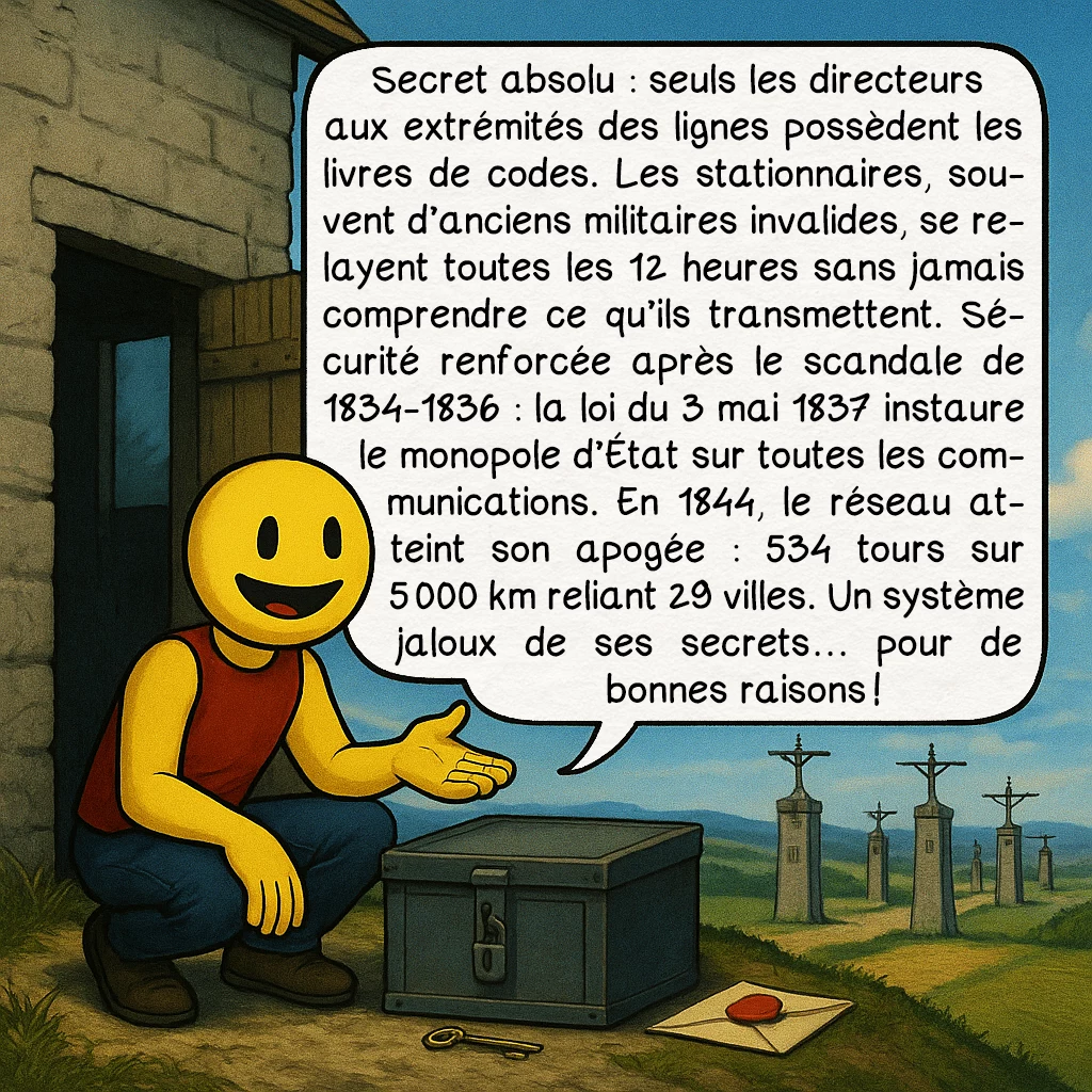 Le télégraphe Chappe, case 5 : Secret absolu : seuls les directeurs aux extrémités des lignes possèdent les livres de codes. Les stationnaires, souvent d’anciens militaires invalides, se relayent toutes les 12 heures sans jamais comprendre ce qu’ils transmettent. Sécurité renforcée après le scandale de 1834-1836 : la loi du 3 mai 1837 instaure le monopole d’État sur toutes les communications. En 1844, le réseau atteint son apogée : 534 tours sur 5 000 km reliant 29 villes. Un système jaloux de ses secrets… pour de bonnes raisons !