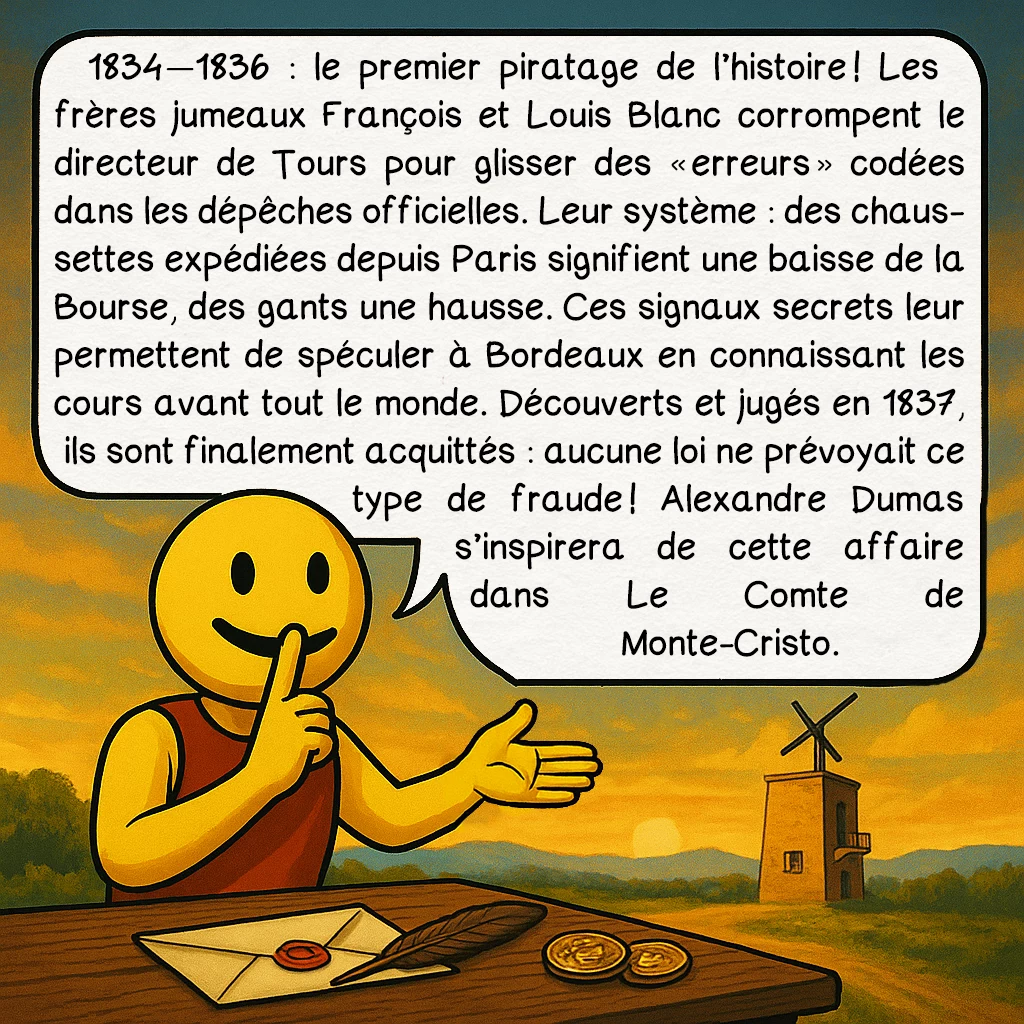 Le télégraphe Chappe, case 6 : 1834—1836 : le premier piratage de l’histoire ! Les frères jumeaux François et Louis Blanc corrompent le directeur de Tours pour glisser des « erreurs » codées dans les dépêches officielles. Leur système : des chaussettes expédiées depuis Paris signifient une baisse de la Bourse, des gants une hausse. Ces signaux secrets leur permettent de spéculer à Bordeaux en connaissant les cours avant tout le monde. Découverts et jugés en 1837, ils sont finalement acquittés : aucune loi ne prévoyait ce type de fraude ! Alexandre Dumas s’inspirera de cette affaire dans Le Comte de Monte-Cristo.