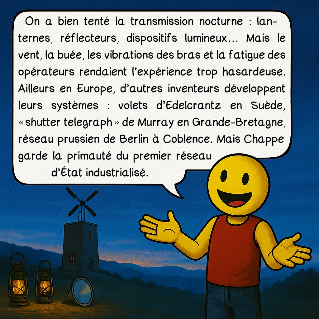 Le télégraphe Chappe, case 7 : On a bien tenté la transmission nocturne : lanternes, réflecteurs, dispositifs lumineux… Mais le vent, la buée, les vibrations des bras et la fatigue des opérateurs rendaient l’expérience trop hasardeuse. Ailleurs en Europe, d’autres inventeurs développent leurs systèmes : volets d’Edelcrantz en Suède, « shutter telegraph » de Murray en Grande-Bretagne, réseau prussien de Berlin à Coblence. Mais Chappe garde la primauté du premier réseau d’État industrialisé.